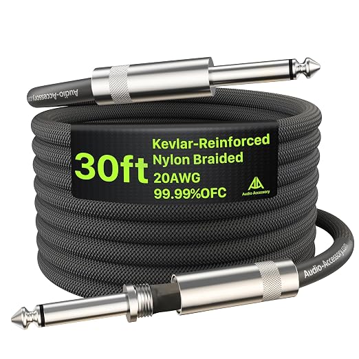 AA AUDIO ACCESSORY 30 ft Guitar Cable, 20AWG 99.99% OFC - A Must for Long Instrument Cable, Nylon Braided Anti-Kinking Kevlar-Reinforced 1/4 TS Cord, Shielded Bass Cord for Fender Electric Guitar