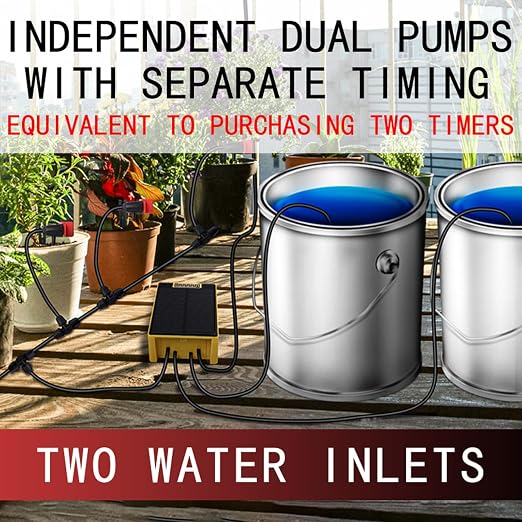 Solar Powered Dual Pump Drip Irrigation Kit,Child Lock 2 Group Automatic Watering System with Rain Sensing Digital Display Screen for Garden Patio Balcony Vacation (for 20 Pot Plants)