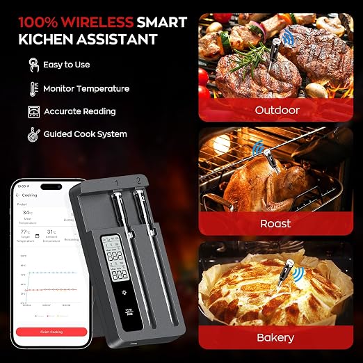 Smart Wireless Meat Thermometer with Dual Probes, Bluetooth & WiFi Combo, Remote Monitoring & Smart Alerts for BBQ, Grill, Smoker, Oven, Air Fryer