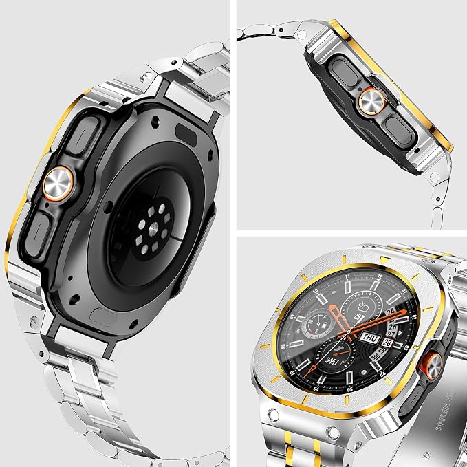BAITEYOU Stainless Steel Bands with Case Compatible with Samsung Galaxy Watch Ultra 2/1 47mm (2025 2024), Rugged Protector Cover Metal Band for Galaxy Watch 7 8 Ultra for Men (Silver & Gold)