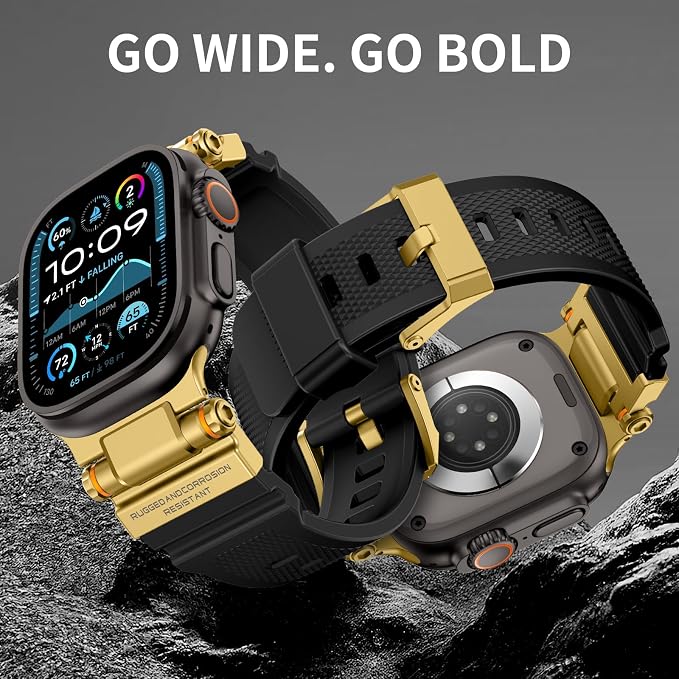 FOAMUNOC Rugged Band Compatible with Apple Watch Ultra 3/2/1 Band 49mm/46mm/45mm/44mm/42mm, Metal Connector with Silicone Strap for iWatch Ultra Series 11/10/9/8/7/6/SE3/SE2/SE/5/4/3/2/1, Gold Black