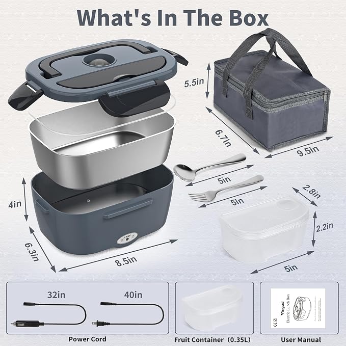 Vingud Electric Lunch Box for Adults, Heated Lunch Box Food Warmer, 80W 1.5L Portable Heating Lunchbox for Men/Work/Car/Truck, 12V 24V 110V Lonchera Eléctrica Portátil Christmas White Elephant Gifts