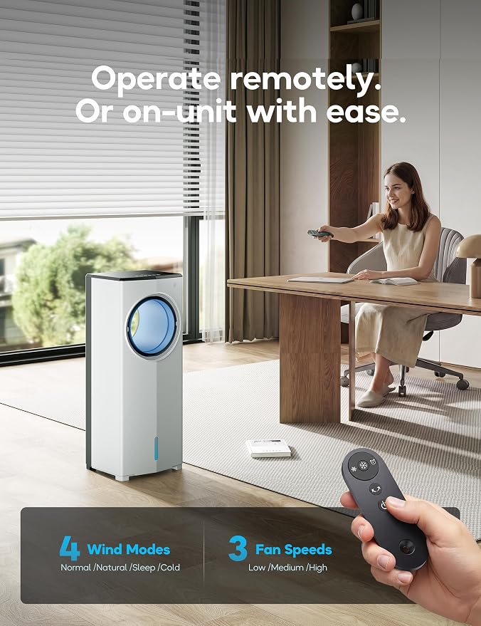 Windowless Portable Air Conditioner, 26.1" Small Evaporative Air Cooler for Room No Window, 3-Speed Settings, 4 Modes, 7H Timer, Remote Control, 4 Ice Packs, Quiet AC Unit for Bedroom, Jet
