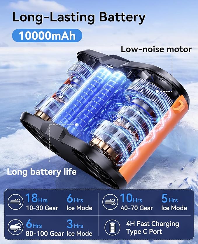 KIMMOO Dual-Motor Rechargeable Waist Fan with Ice Cooling, 25000 RPM High-Speed Neck Belt Clip-on Fan with 10 Gears, LED Display & Flashlight, Hands-Free Personal Fan for Work Outdoor Travel, Orange