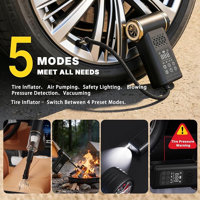 Car Tire Inflator- Vacuum Cleaner- Air Compressor 3-in-1 150PSI Air Pump Cordless Rechargeable USB Portable Battery Operated Inflatables for Car, Motorcycle, Bike, Balls