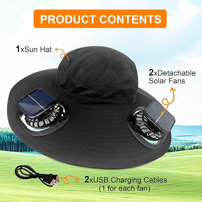 Solar Fan Hat Wide Brim Sun Hat with 2 Solar Fan, Solar Powered & USB Charging Hat Fishing Hat with Fan for Men