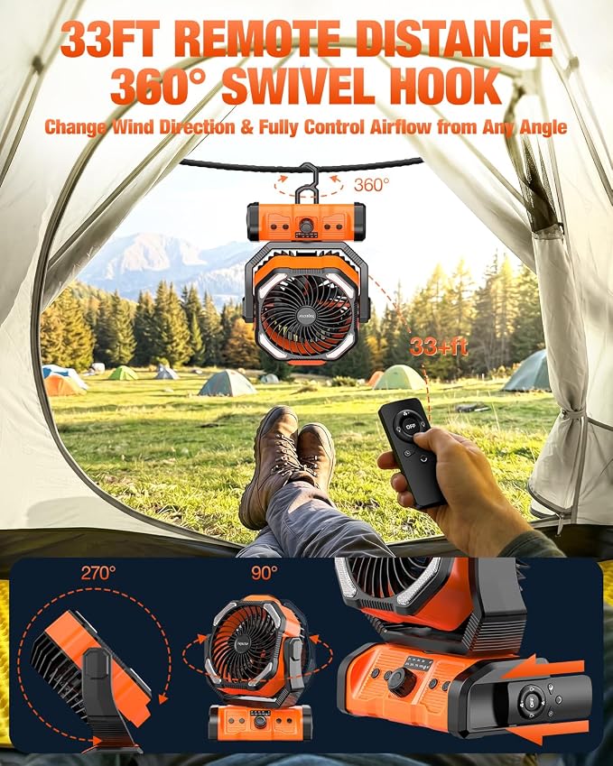 kejector Camping Fan 24000mAh Rechargeable Battery- Dual Motor & 8 Blades, Step-less Speed, Remote & Timer, Auto Swivel, 6 LED Light Modes, Hanging/Stand Anti‑Drop for Outdoor, Camping, Tent, Home