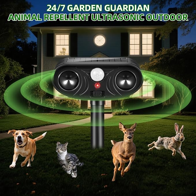 2026 Upgraded Solar Ultrasonic Animal Repellent, 4 Pack IP65 Waterproof Sonic Deer Deterrent, Motion Activated Outdoor Repeller to Keep Cats, Squirrels, Raccoons, Skunks & Dogs Away from Garden, Yard
