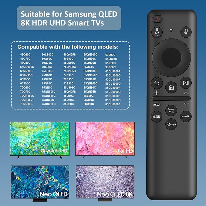 Rechargeable Voice Remote for Samsung Smart TV Remote, BN59-01432A Remote Replacement for Samsung OLED Neo QLED Crystal UHD Frame Solar 4K 8K Smart TVs VG-TM2360E