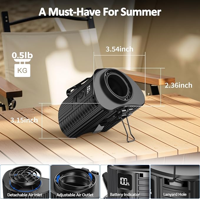 Portable Mini Waist Fan, Personal Waist Clip Fan With Max 20H Working Time, 5 Speeds 11000RPM Strong Airflow, Rechargeable Hands-free Wearable Belt Fan for Outdoor Jobsite Camping Traveling Fishing