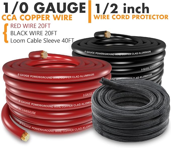 Jeemiter 1/0 Gauge CCA Wire Kit - Power/Ground Cable (40FT Black/Red),Battery Wire with 250A ANL Fuse,1/2 Inch Cable Split Sleeving,Lugs,Heat Shrink Tubing | for Car Audio Systems,Big 3 Upgrade