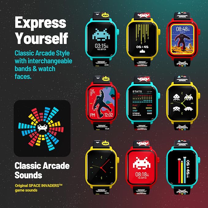 Space Invaders Retro Gaming Smart Watch, Selective Tech, Yellow Bezel, Non-Connected, Built-in Space Invaders™ Game, Custom Watch Faces, Classic Arcade Sound, IP67 Rating