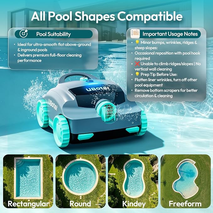 Cordless Robotic Pool Vacuum UBoter E10, Dual-Layer Filtration, Powerful Edge Corner Cleaning, 120–150 Mins Runtime, Auto Parking, No Debris Leakage, for Above Ground Flat Bottom Pools Up to 860 Sq.Ft