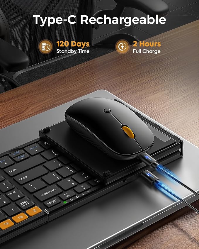 MoKo Foldable Keyboard and Mouse Combo, 2.4G+BT5.0 x 2, Full-Size Portable Folding Bluetooth Keyboard Set for Business Travel, USB-C Rechargeable Wireless Mouse with Bag for Laptop iPad Tablet