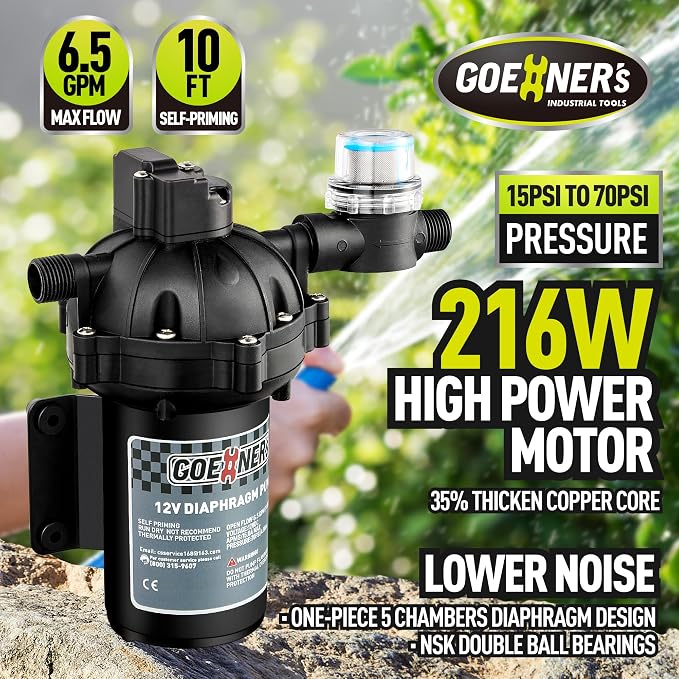 [Upgraded Version] Fresh Water Pump with Spray Gun, 12V DC Water Pump, 6.5GPM 70PSI Five Chamber Self-Priming Diaphragm Water Pump with Heavy Duty Pressure Switch and Strainer