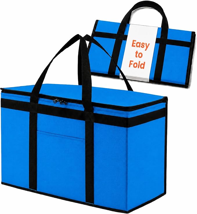 NZ home Insulated Bags for Food Delivery (2XL) Grocery Shopping Cooler Bag, Pizza Delivery, Hot & Cold Catering Tote, Reusable, Foldable & Heavy Duty (Blue)