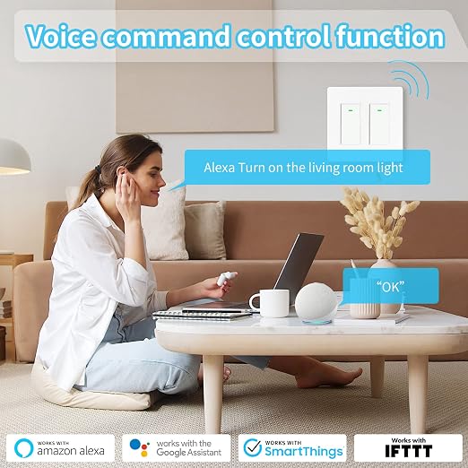 Smart Light Switch 2 Gang(Button), Double Smart WiFi Light Switches, Smart Switch Compatible with Alexa and Google Home, Remote Control Light Switch，Neutral Wire Needed，No hub Required