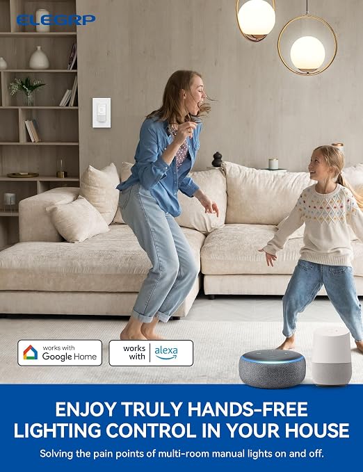 ELEGRP Smart Motion Sensor Switch, 2.4GHz Wi-Fi Single Pole Light Switch Works with Alexa & Google Assistant, APP Remote Control, Neutral Wire Required, UL Certified, No Hub Required (White, 1 Pack)