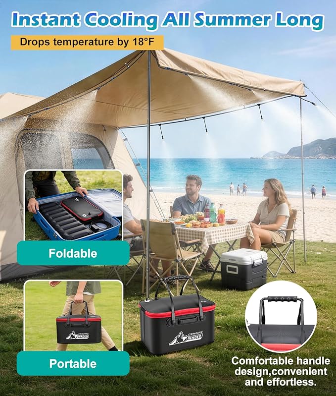 Portable Misting Systems for Patio, Outdoor Water Cooling Misting Kit with 6000mAh Water Pump IPX8, DIY Misters for Outside Garden, Greenhouse, Fan, Umbrella, Canopy, Pasture, Camping(22L Bucket)