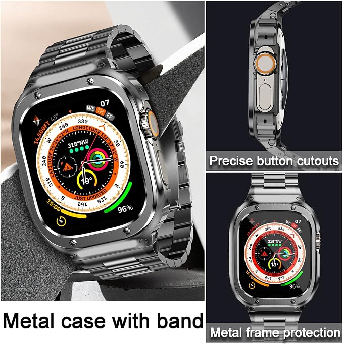 MioHHR Stainless Steel Band and Case Compatible with Apple Watch Band 49mm, Men Metal Protective Bumper Cover for iWatch Series Ultra 3/2/1, Space Gray