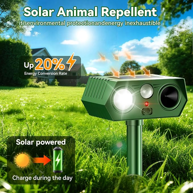 2026 Upgraded Solar Ultrasonic Animal Repellent Outdoor, Deer Repellent Devices Waterproof, Motion Activated Cat Repellent Outdoor, Squirrel Raccoon Skunk Rabbit Dog Bird Deterrents for Yard (2-Pack)