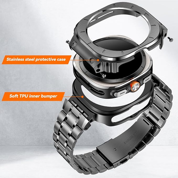 BAITEYOU Stainless Steel Bands with Case Compatible with Samsung Galaxy Watch Ultra 2/1 47mm (2025 2024), Rugged Protector Cover Metal Band for Galaxy Watch 7 8 Ultra for Men (Grey)