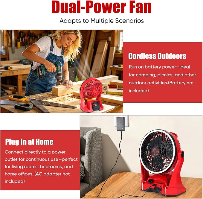 Cordless Fan for Milwaukee M18 18V Battery – 10 Inch 650CFM Jobsite Fan for Construction Workers & Outdoor Use | Variable Speed, 4.5Hr Runtime, USB Charging, AC or Battery Powered | Tool Only