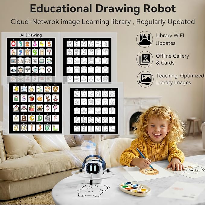 AI Drawing Robot for Kids, 10000+ Free AI-generated Images,Regularly updated image library,Educational Learning Toys for Boys & Girls Ages 3-8 ,AI Enlightenment Painting Toy for Birthday Gift (Black)