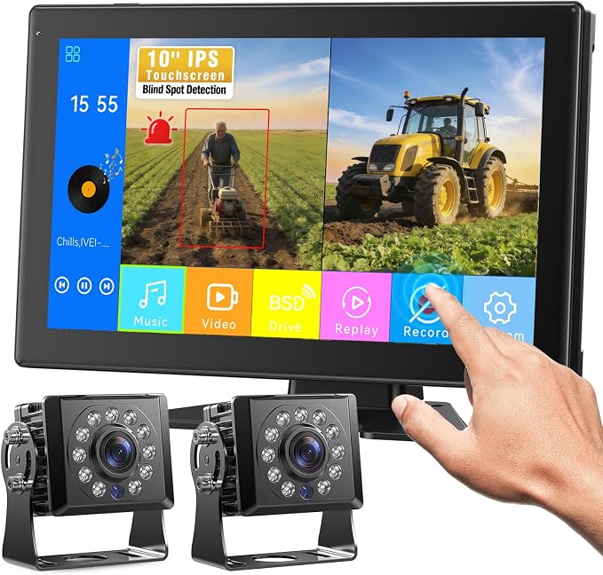 Fookoo AHD 1080P Dual Wired Backup Camera System, 10.1" Touchscreen Monitor Blind Spot Detection Vibration-Proof 10G Cameras MP3 MP5 Waterproof for Tractor Trailer Excavator Skid Steer Harvester RV