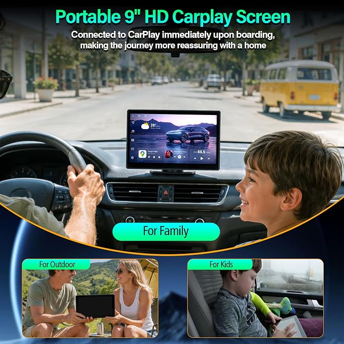 9" Wireless Apple Carplay Screen for Car, Portable Apple Carplay & Android Auto with Bluetooth, Mirror Link, Navigation, Voice Control, Backup Camera, AUX, Plug & Play Car Play Screen for All Vehicles