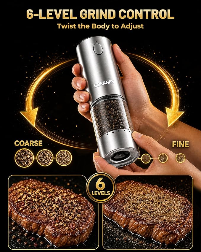 Upgraded Electric Salt and Pepper Grinder Set, USB Rechargeable Automatic Mill with Adjustable Coarseness, Premium Housewarming Gift