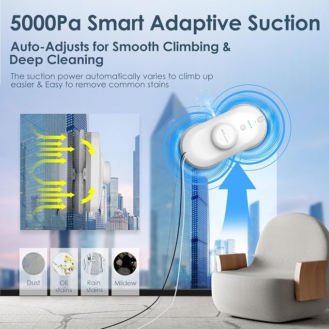 Window Cleaning Robot, 5000Pa Suction with Edge Detection | AI Smart Path Planning Dual Spray & UPS Anti-Drop with 10 Pads for Indoor/Outdoor High-Rise Windows
