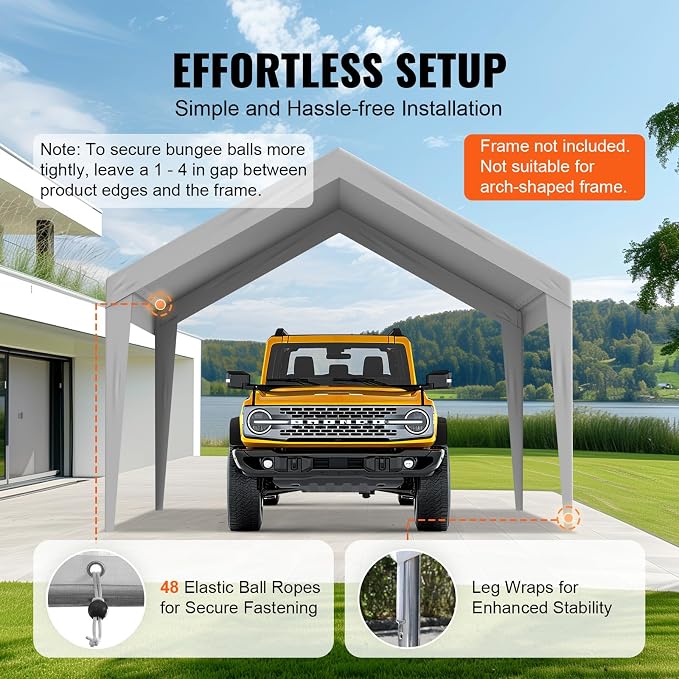 VEVOR Carport Replacement Canopy Cover 12 x 20 ft, Garage Top Tent Shelter Tarp Heavy-Duty Waterproof & UV Protected, Easy Installation with Ball Bungees,Grey (Only Top Cover, Frame Not Include)