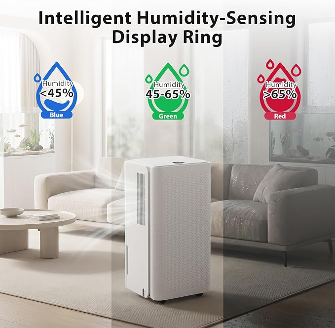 30Pints Dehumidifier with Drain Hose, 2,000 Sq.Ft Dehumidifier for Basement, 2L/0.53 Gallon Tank, Energy Star Cert. 38dB, Humidity Display Ring, Humidity Remover for Home, Bedroom & Bathroom