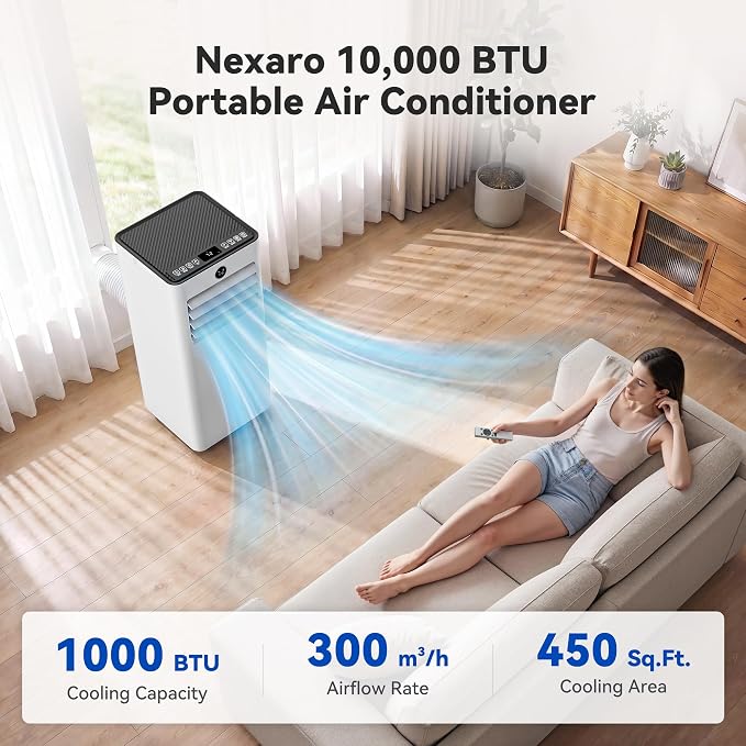 10000 BTUs Quiet Portable Air Conditioner, Cools Rooms up to 450 Sq. Ft, 4-in-1: AC/Dehumidifier/Fan/Sleep Mode, 24-Hour Timer, 26-Ft Remote Control, Window Kit Included