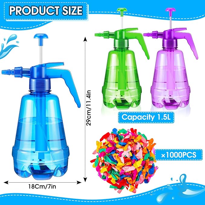 Junkin 3 Pcs Water Balloon Pump with 1000 Balloons, 3 in 1 Air and Water Balloon Inflator Portable Filling Station for Summer Themed Parties, Random Color