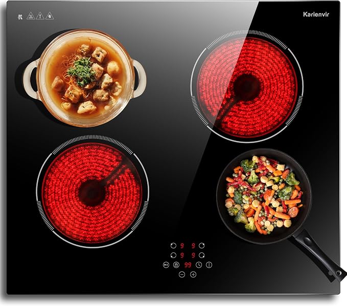 24 Inch Electric Cooktop Built in Electrics Stove Top, 4 Burner Electric Stove, Touch Control, 6000W, 9 Power Levels, Safety Lock, Timer, Pause Function, 240V Hard Wire(No Plug)