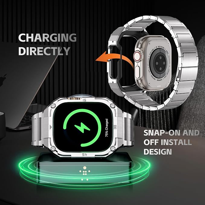 Casual Stainless Steel Band/Case Compatiable for 45mm Apple Watch Band for Men, Rorust Metal Apple Watch Bumper Case Cover with Solid Replacement Strap for iWatch Band Series 9 8 7,Silver