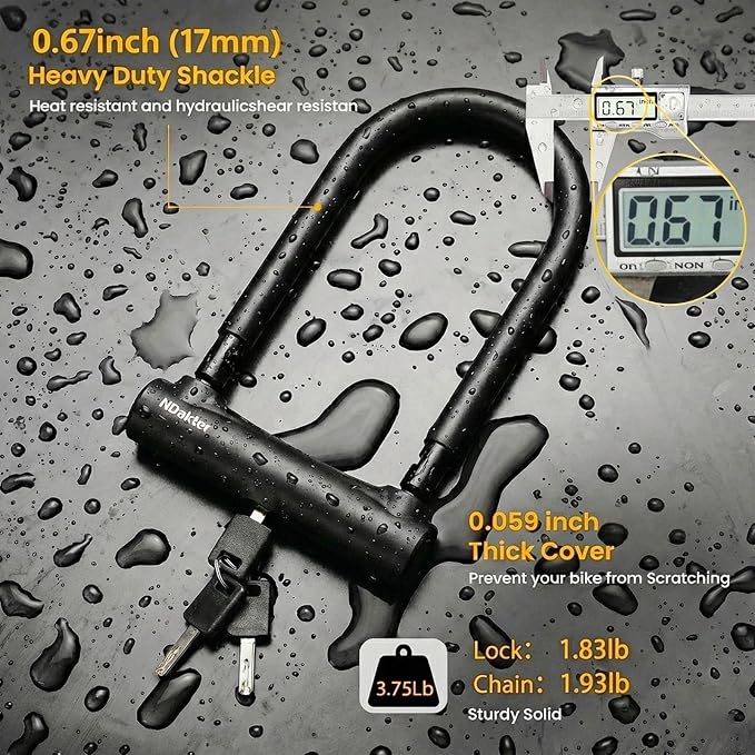 NDakter Bike Locks, 17mm Heavy Duty Anti Theft, Bike U Lock with 4FT Chain and Bracket, Electric Bicycle Lock for Scooter, 3 Keys Motorcycle Wheel Lock for Ebike, Moped, Tricycle