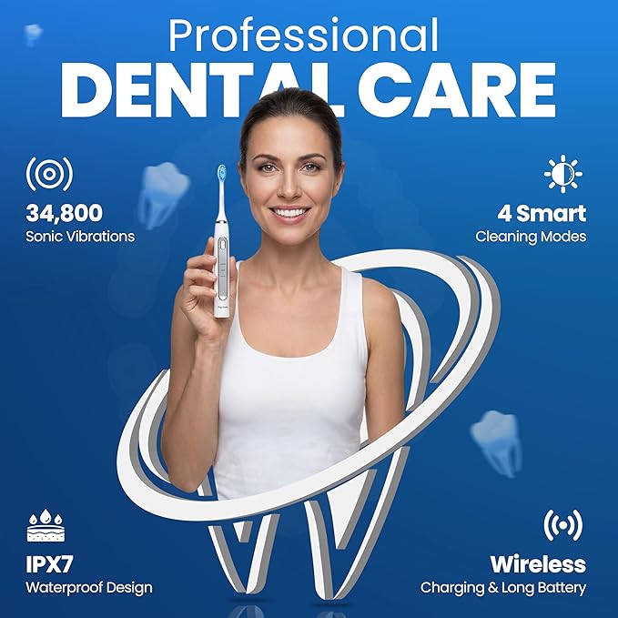 Soft Bristle Electric Toothbrush, Rechargeable with Wireless Charging by Puur Smile - 2 (Blue led) Brush Heads for Adults | 4 Cleaning Modes with Smart Timer, IPX7 Waterproof, Long-Lasting Battery