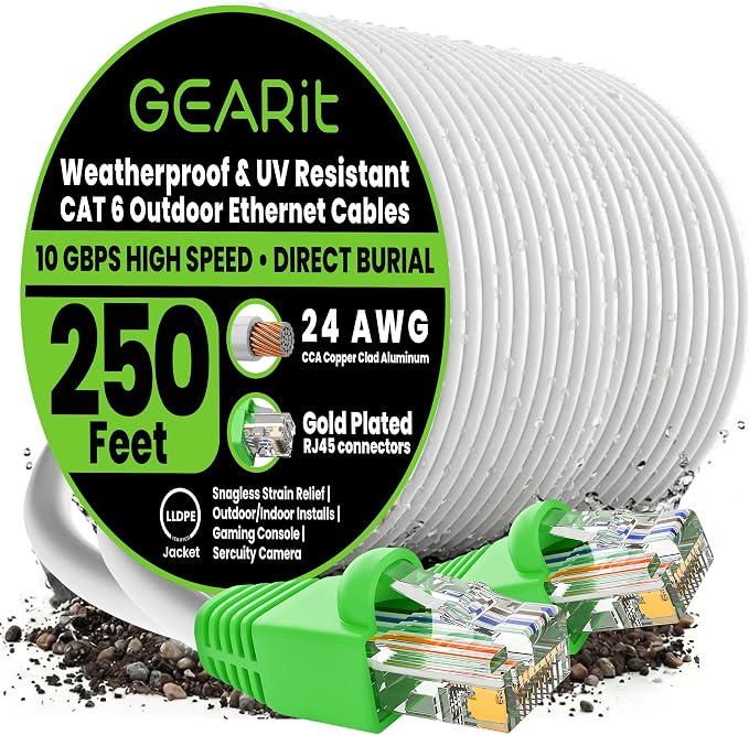 GEARit RJ45 Cat-6 Ethernet Patch Cable, 10Gpbs Transfer Speed, Gold-Plated Connectors, Copper Clad, Outdoor, UV Resistant, Direct Burial, Waterproof, Durable, 250 Foot (76.2 Meters), White
