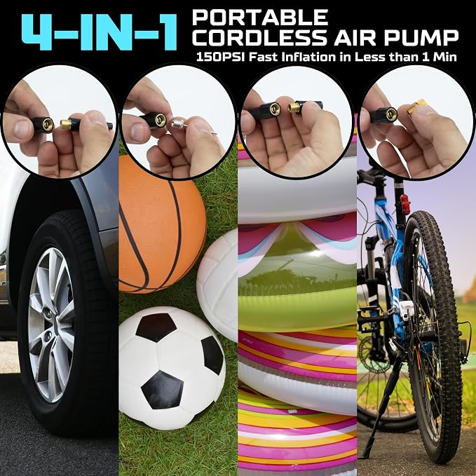 Regalosonline Portable USB Rechargeable Electric Inflator – Mini Digital Air Compressor with LCD Display for Car, Motorcycle, Bicycle & Balls Compact Pump 150 PSI y 2000 mAh for tires and inflatables