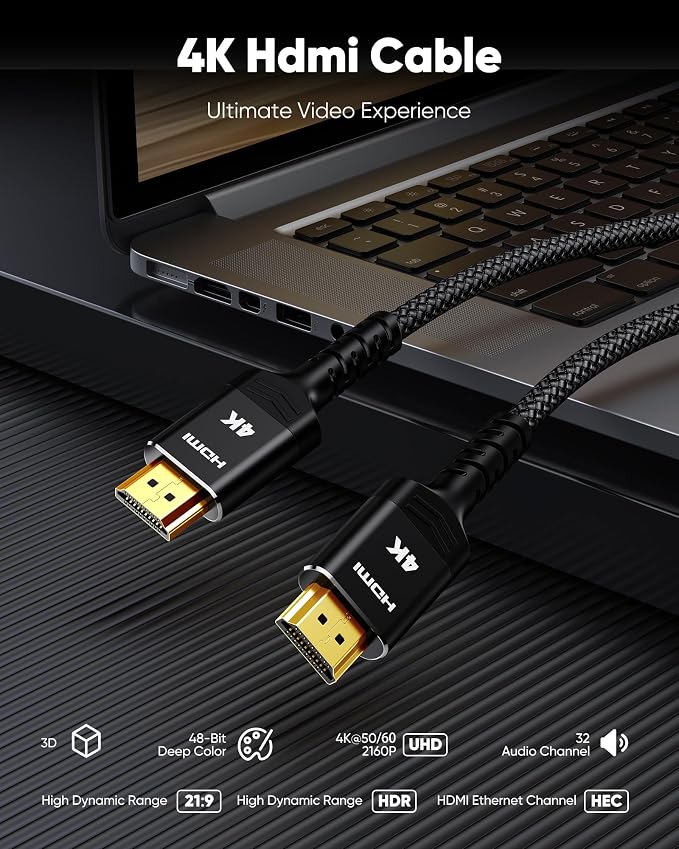 Highwings 4K HDMI Cable 18FT - 4K@60Hz HDR Braided HDMI Cord, 18Gbps High Speed with Ethernet/ARC, 3D, HDCP 2.2, ARC, Compatible for PS-5/4/3/4K HDTV/Monitor/Projector/Streaming Media
