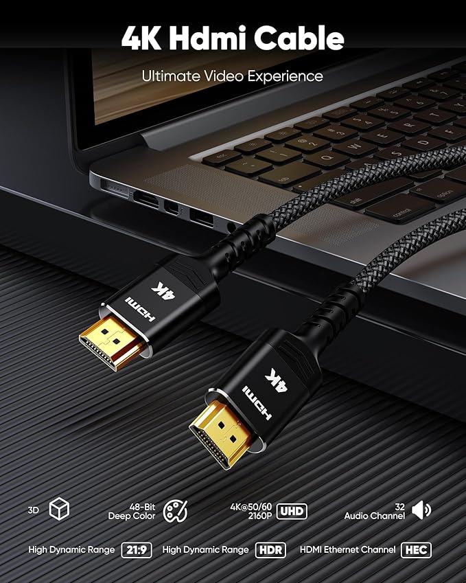 Highwings 4K Long HDMI Cable 13FT/4m - 4K@60Hz HDR Braided HDMI Cord, 18Gbps High Speed with Ethernet/ARC, 3D, HDCP 2.2, ARC, Compatible for PS-5/4/3/4K HDTV/Monitor/Projector/Streaming Media