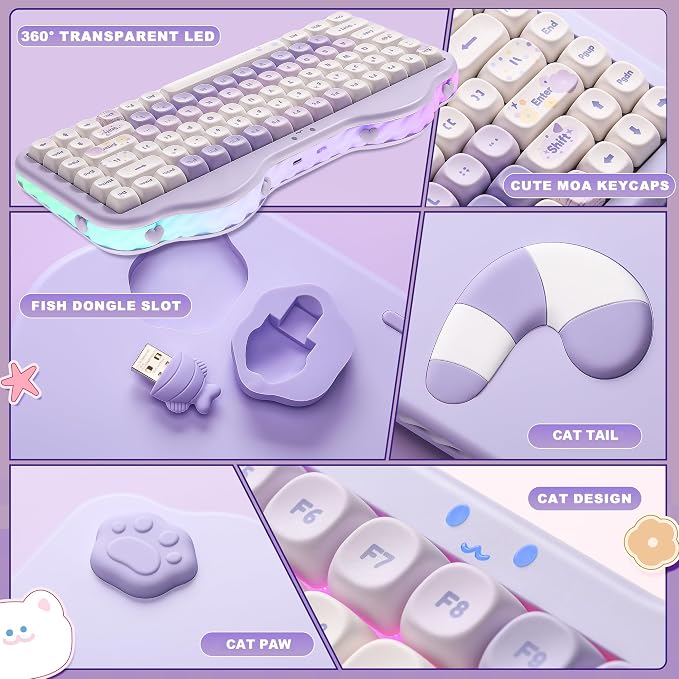YUNZII C75 Wireless Mechanical Keyboard,75% Layout, Hot-Swappable NKRO,BT5.0/2.4G/USB-C Mode,Dye-Sub PBT MOA Keycaps,RGB Gasket Mount,Cute Cake Design for Mac/Win/Gaming (Purple, Candy Switch)