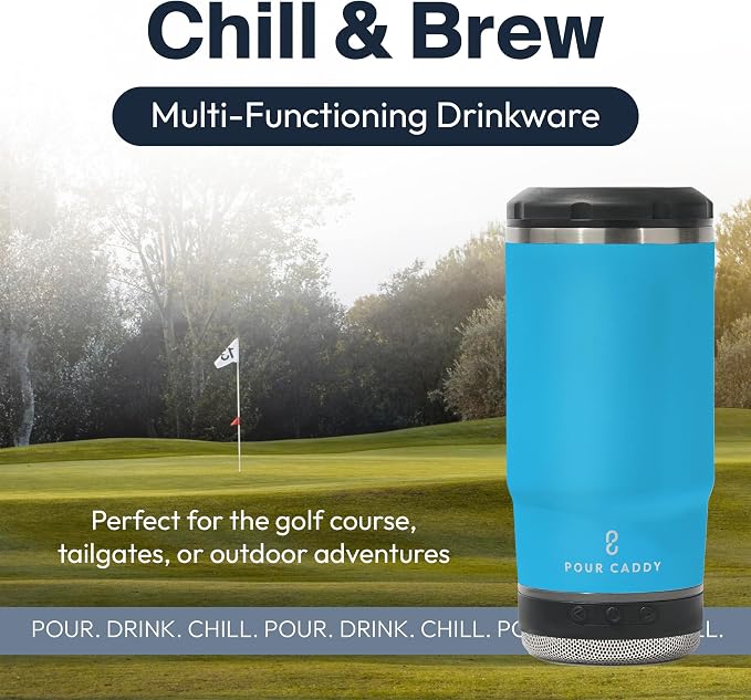 Vibe 4 In 1 Bluetooth Speaker Cup, Insulated Can and Bottle Holder for Hot or Cold Drinks, Double Wall Stainless Steel Drinkware, Fits 12 oz Cans or 14 oz Liquid, Water Blue