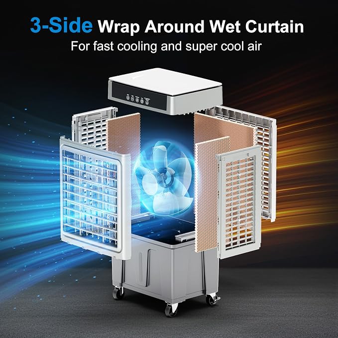 Windowless Swamp Cooler, 3 in 1 Evaporative Portable Air Conditioner with Remote, Cooling Fan Ac Unit,3 Speed, 24H Timer, 5.3 Gal Water Tank, 4 Ice Box for Garage, Patio, Bedroom Home Office Outdoor