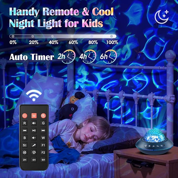 Galaxy Projector for Bedroom, White Noises & Bluetooth Night Light Projector,360° Full Coverage Ceiling Projector Galaxy Light Projector,Remote Timer Night Sky Projector Ocean Light Projector