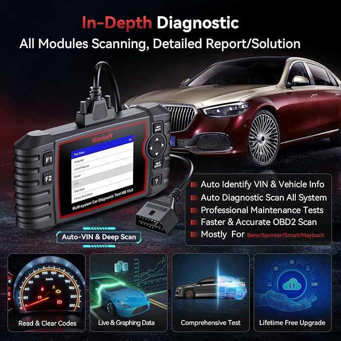 iCarsoft MB V3.0 Bidirectional Diagnostic Tool for Mercedes-Benz/Sprinter/Smart/Maybach 38+ Service All Systems OBD2 Scanner Quick Scan Battery Test Full Actuation Test Auto VIN Free Lifetime Update