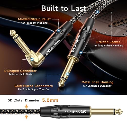 Cable Matters 2-Pack Braided 1/4 Inch TS Right Angle Electric Guitar Cable - 6ft, Straight to Right Angle Guitar Cord, Instrument Cable for ElectricGuitar, Bass AMP, Mixer, Equalizer